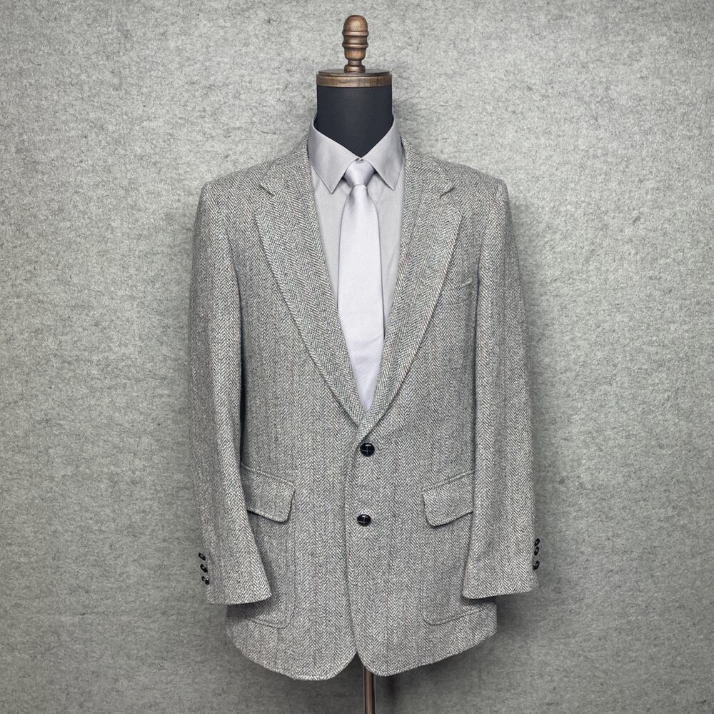 Vintage Rogers Aristocrat 42L Gray Herringbone‎ Tweed Sport Coat Blazer 2 Btn